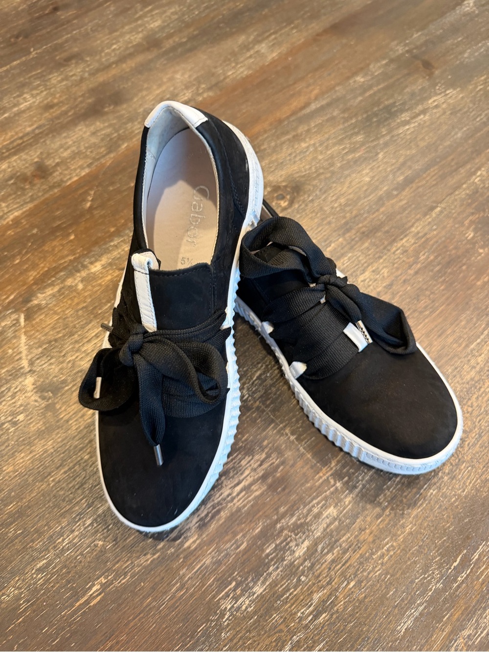 Gabor Black Suede Lace-Up Ribbon Sneakers with White Sole